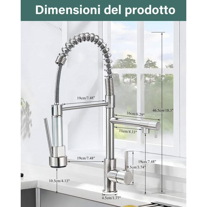 Arlennart High Pressure Kitchen Faucet, Telescopic Hand Shower, 360° Swivel Faucet, One Handle Pull-Out Faucet (Brushed)