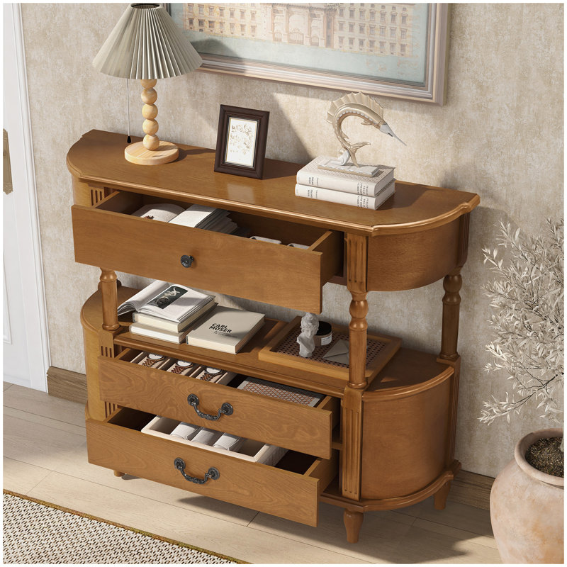 Console rétro en bois courbé avec 3 tiroirs, table d'entrée de 43 po avec tablette de rangement, canapé derrière le canapé avec pieds en bois massif pour le couloir du salon, brun