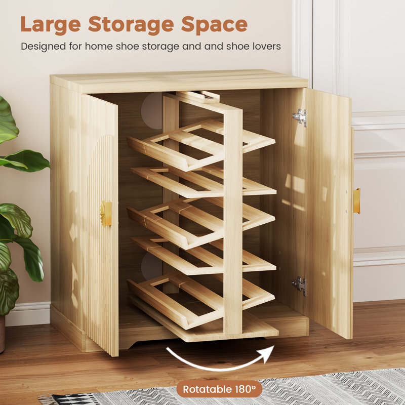 5-Tier Shoe Cabinet with Rotating Shoe Rack, Freestanding Shoe Storage Cabinet for 15-20 Pairs, Oak