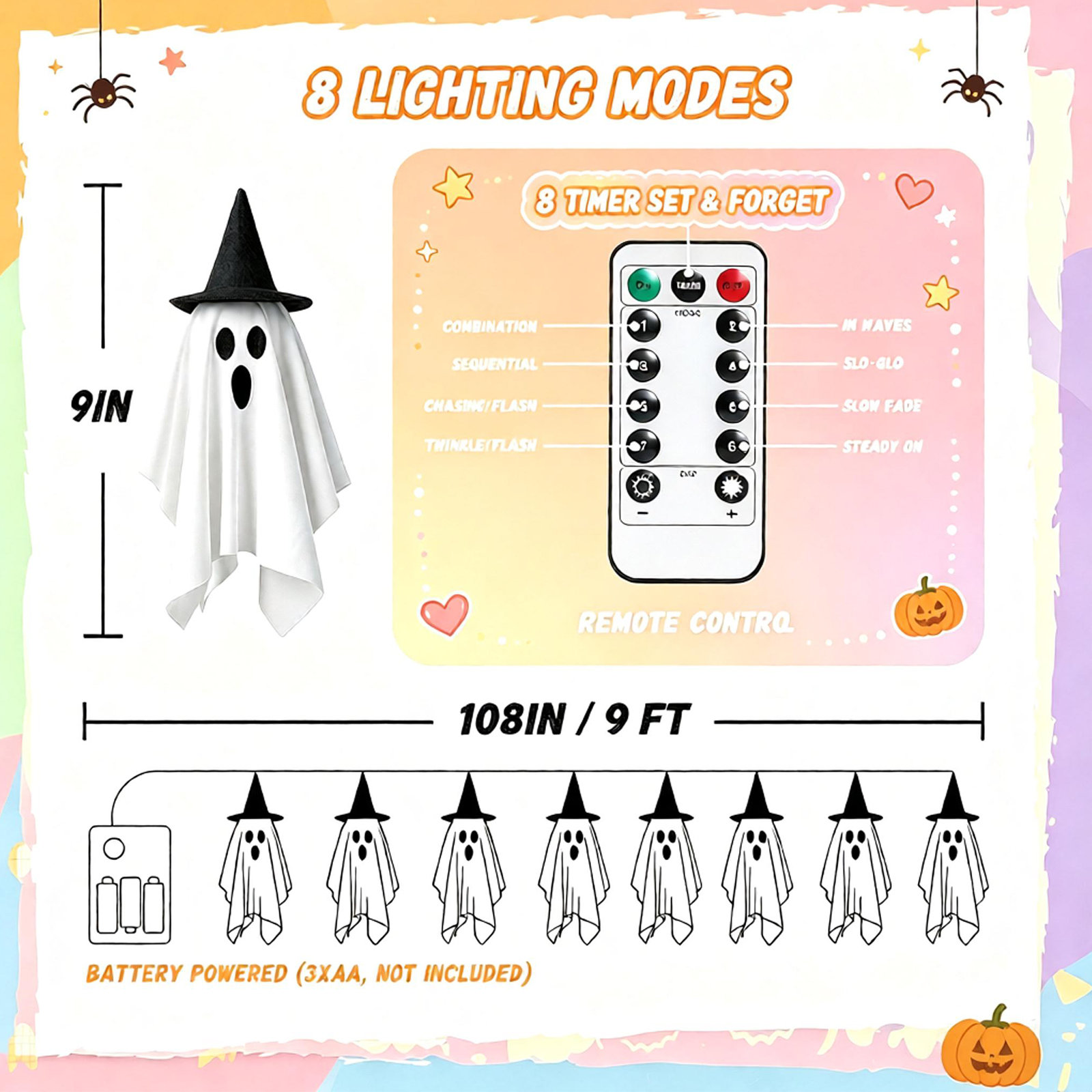 9Ft Halloween Ghost String Lights with Witch Hats, Remote Control 8 Modes & 6H Timer, Battery Operated Spooky Hanging LED Lights for Front Porch Yard Patio Indoor Outdoor Party Decor
