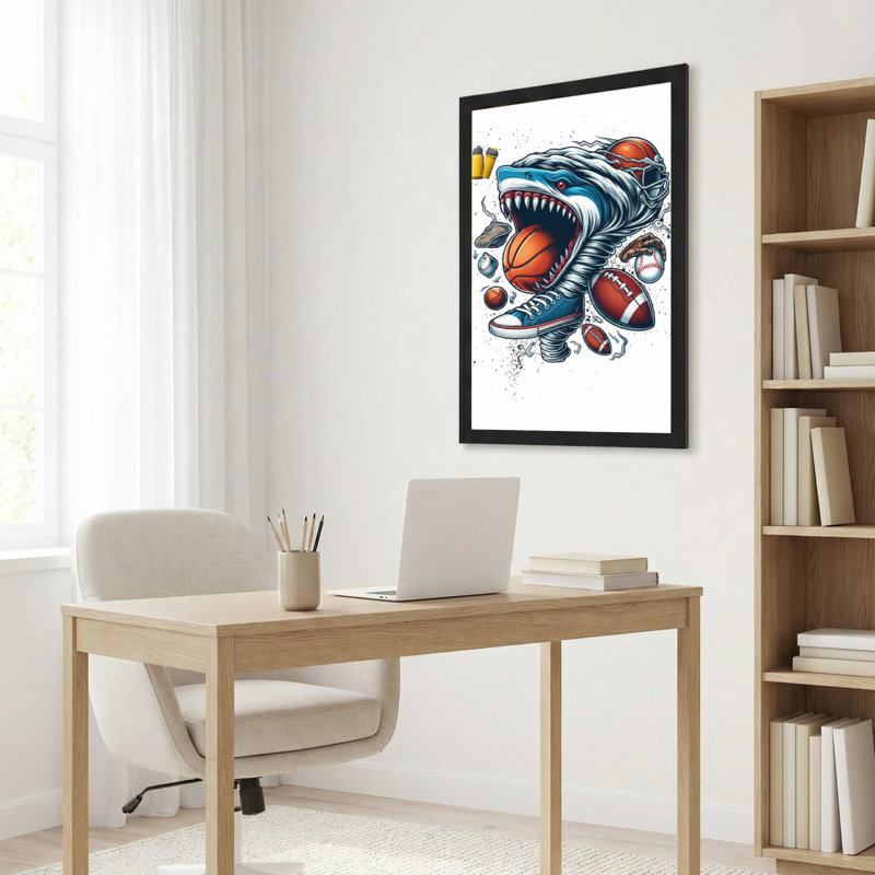 Requin mangeant une balle de sport sur toile tendue, impression sur toile, ensemble de 1, H 18 po x l 12 po