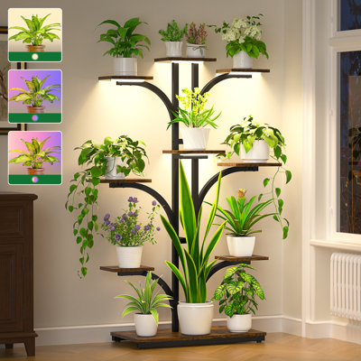 Plant Stand & Plant Shelf with LED Grow Lights,9-Tier 64" Tall Tree Indoor Multi-layer Corner Plant Rack for Living Room, Balcony & Home Decor