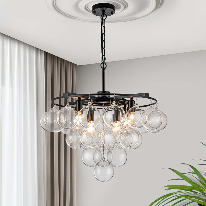 Lustre à niveaux 8 lumières à intensité variable avec boule en verre transparent Yader, Noir mat