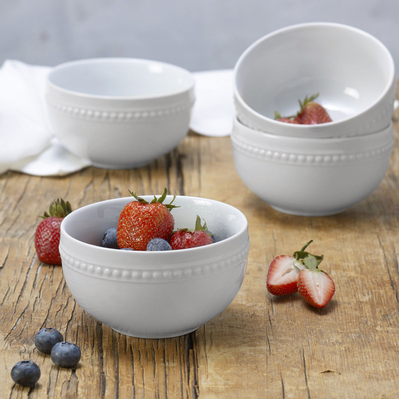 Elegant White Porcelain Beaded Round Dessert Bowl, 16 oz