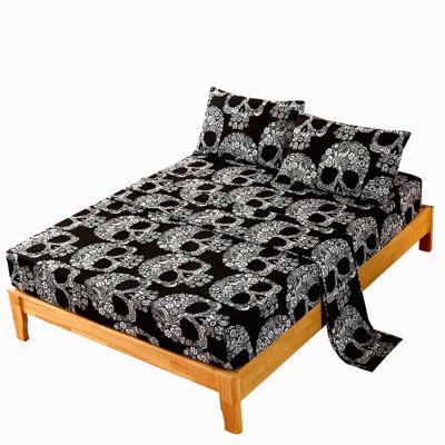 Gothic Skull Queen Bedding Set - 4 Piece Skeleton Sheet Set with Gothic Queen Bed Sheets and Bed in a Bag Queen - Spooky Bedroom Decor for Queen Size Bed