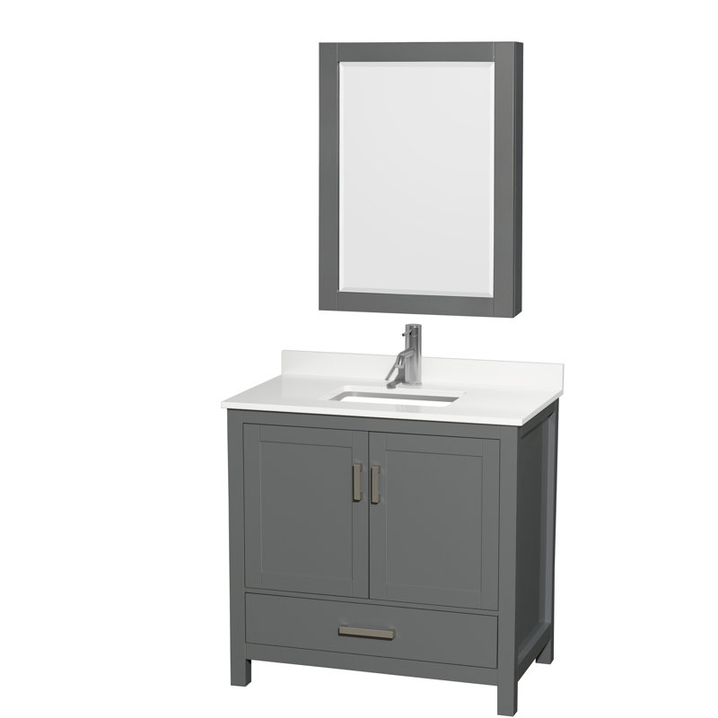 Meuble-lavabo simple 36 po avec comptoir en quartz et armoire à pharmacie Sheffield, Quartz blanc, Gris foncé, Chrome