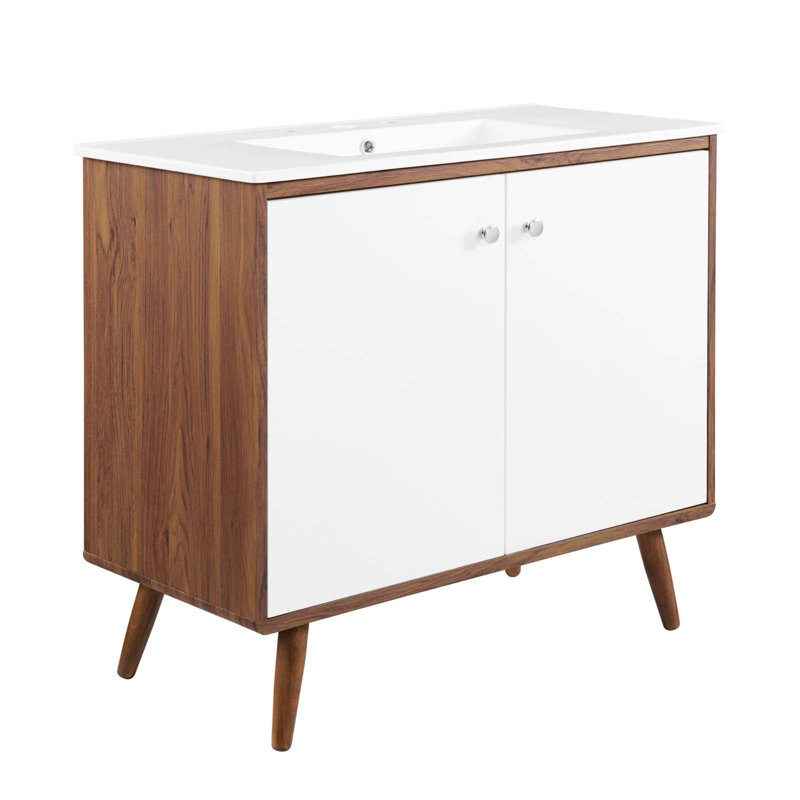 Mid-Century Walnut and White 36" Wall-Mount Bathroom Vanity