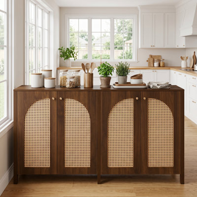 Buffet avec 4 portes en rotin et poignées en métal, armoire pour salle à manger