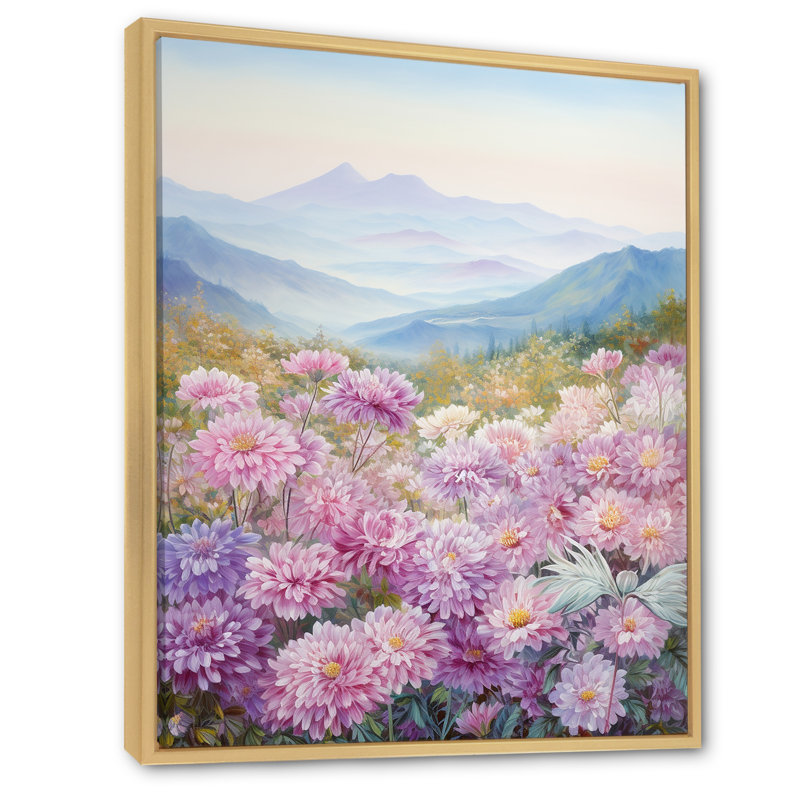 "Pink Chrysanthemums On Hill I", reproduction d'art sur toile, Cadre naturel flottant, H 32 po x l 16 po x P 1 po