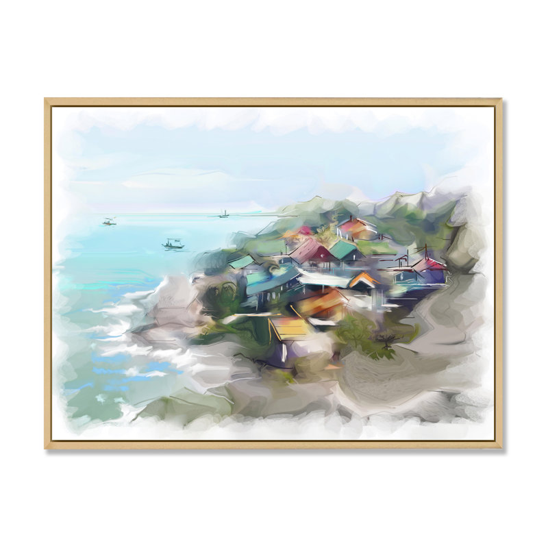 Maison de rêve par le paysage marin - peinture sur toile, H 34 po x l 44 po, Toile avec cadre en érable