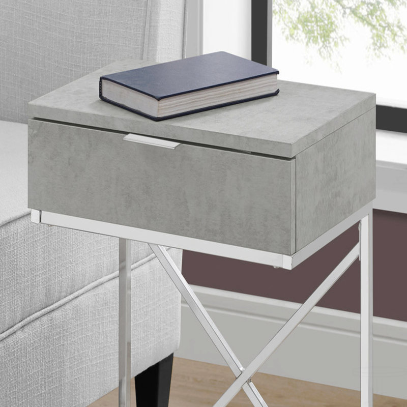 Table d'appoint, côté, bout, table de chevet, lampe, tiroir de rangement, stratifié, métal chromé, contemporain, moderne