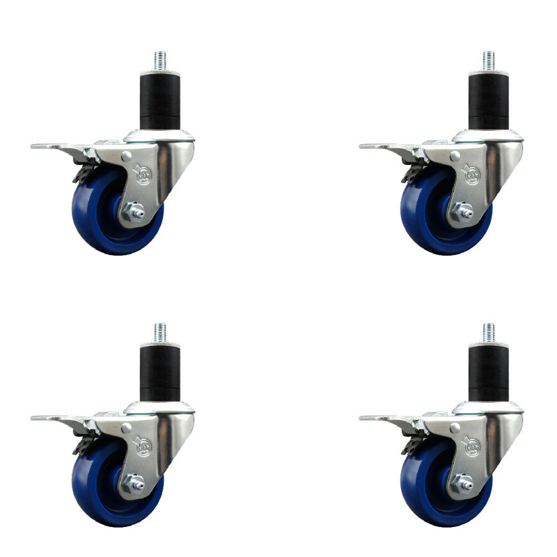Solid Poly Swivel 1-3/4 Inch Expanding Stem Caster Set Total Lock Brake