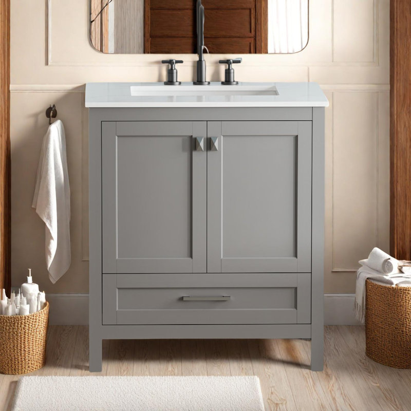 Elegant 30" Freestanding Bathroom Vanity with Marble Top & Ceramic Sink, Gray