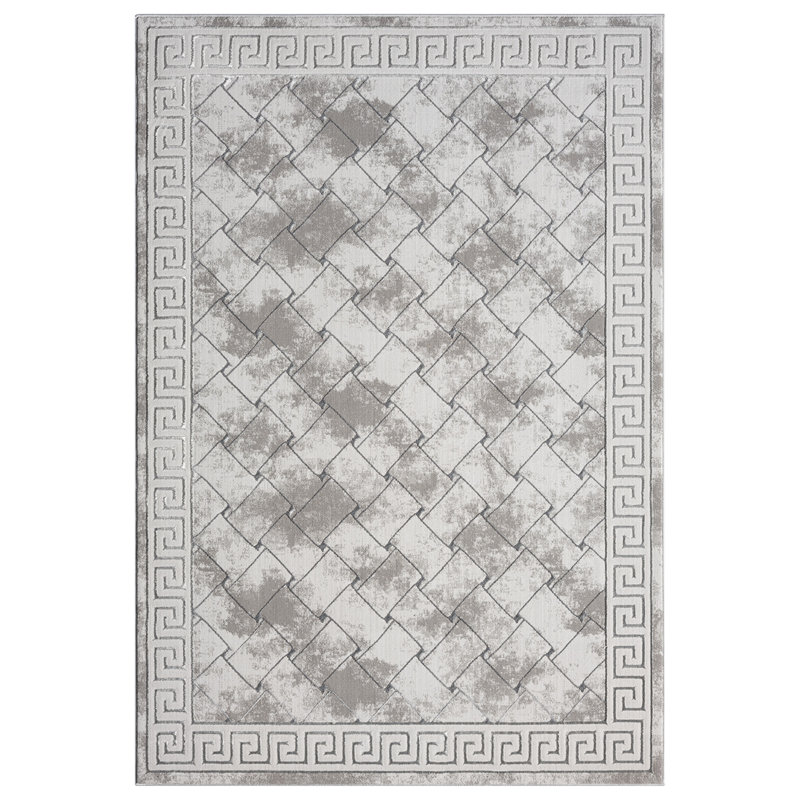 Tapis à bordure abstraite gris Ksamil Collection, Rectangle 7 pi 11 po x 10 pi 10 po