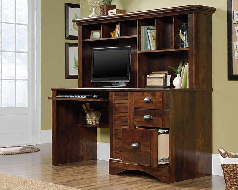 Computer Desk with Hutch, Brown, 57.36" H x 62.21" W x 23.5" D