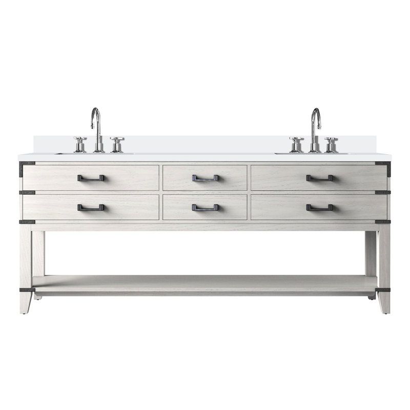 Meuble-lavabo double 80 x 22 en chêne blanc, comptoir en quartz, robinet, fermeture en douceur et rangement multiple