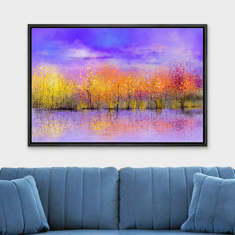 Abstrait forêt néon, peinture mauve, orange et jaune, peinture, arbres, nature, illustrations, art moderne, paysage