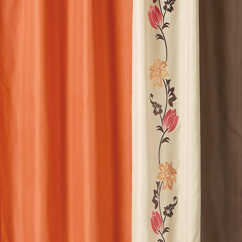 Autumn Floral Embroidery Taupe and Orange Polyester Window Curtain Set