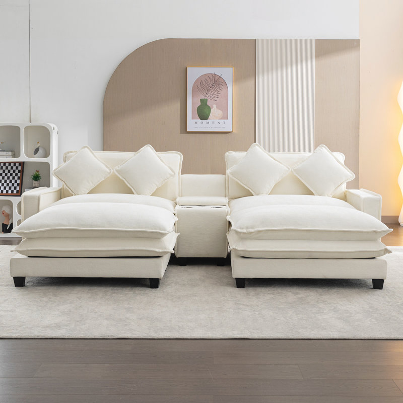 Upholstered Sofa with Two Removable Ottoman, Beige