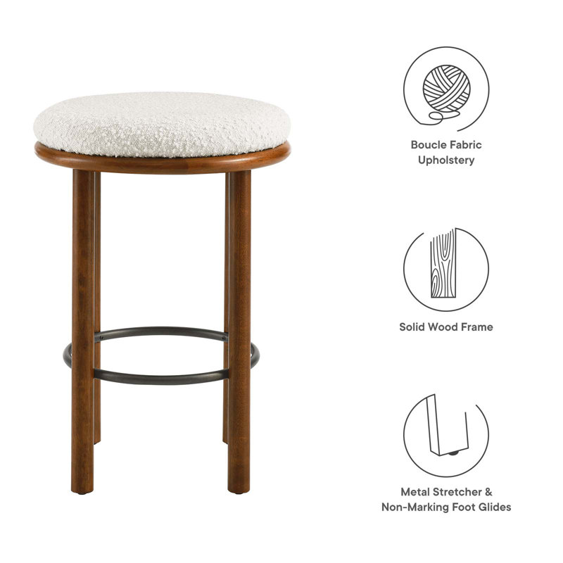Walnut Ivory Backless Boucle Counter Stools with Wood Legs