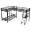 Lit superposé simple au-dessus de simple en L avec lit mezzanine, bureau et tablettes, métal et panneau de fibres à densité moyenne, brun