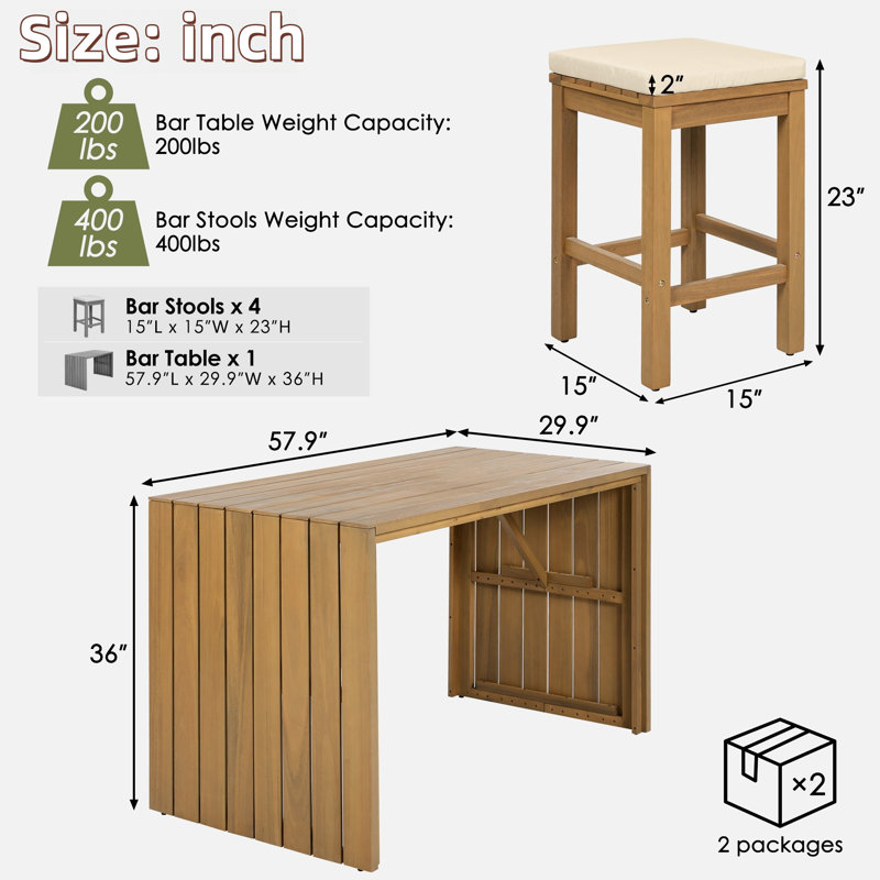 5 Pieces Outdoor Bar Set Included 1 Height Table & Four Stools With Cushions