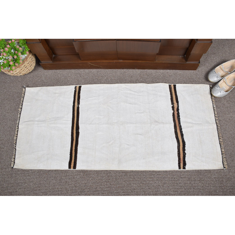 Handwoven Turkish Vintage Stripe Rug: An Antique Small Beige Hemp Rug For Entry