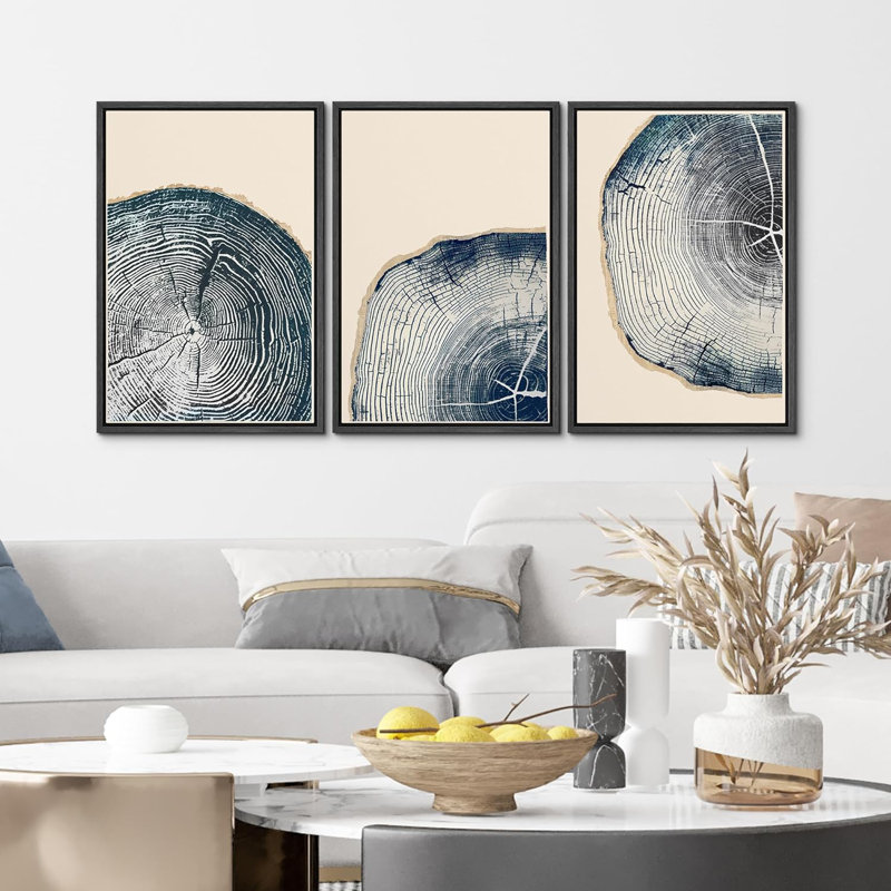 Navy Blue Wood Tree Ring Framed On Canvas 3 Pieces Print, 36" H x 24" W x 1.5" D, Black