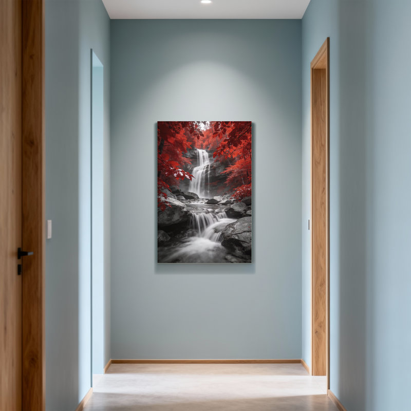 Plantes et fleurs, feuilles rouges, chute d'eau, noir et blanc, scène naturelle, 20" H x 30" W