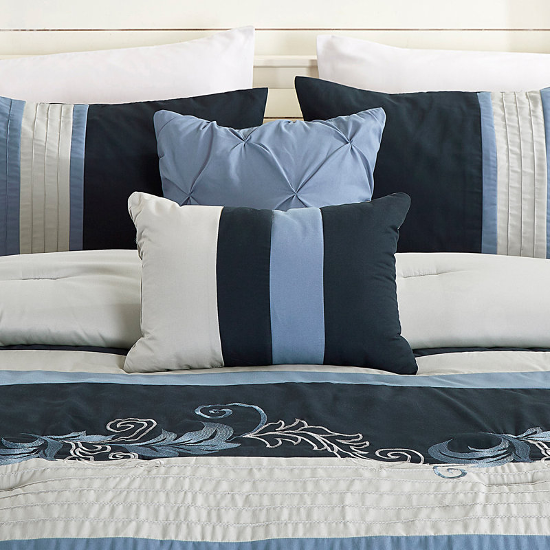 King Navy Blue Gray Microfiber 7-Piece Comforter Set