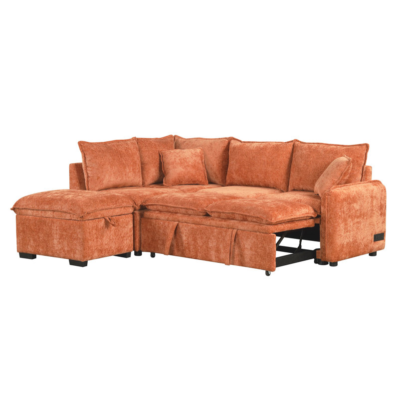 82.67"Convertible Sofa Bed Sectional Sofa Sleeper L-Shaped Sofa With A Storage Ottoman,Two Pillows, Two Power Sockets And Two USB Ports For Living Room, Orange