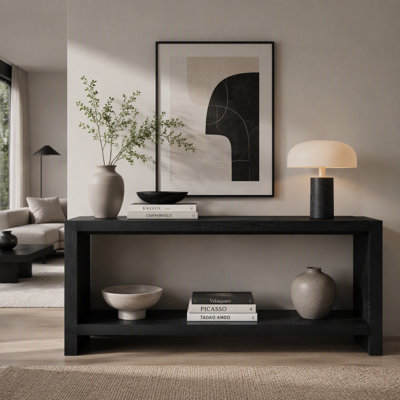 Grande console de style campagnard de 63 pouces, table d'entrée rustique à 2 niveaux avec placage de bois, canapé rétro pour canapé derrière le canapé, salon, couloir