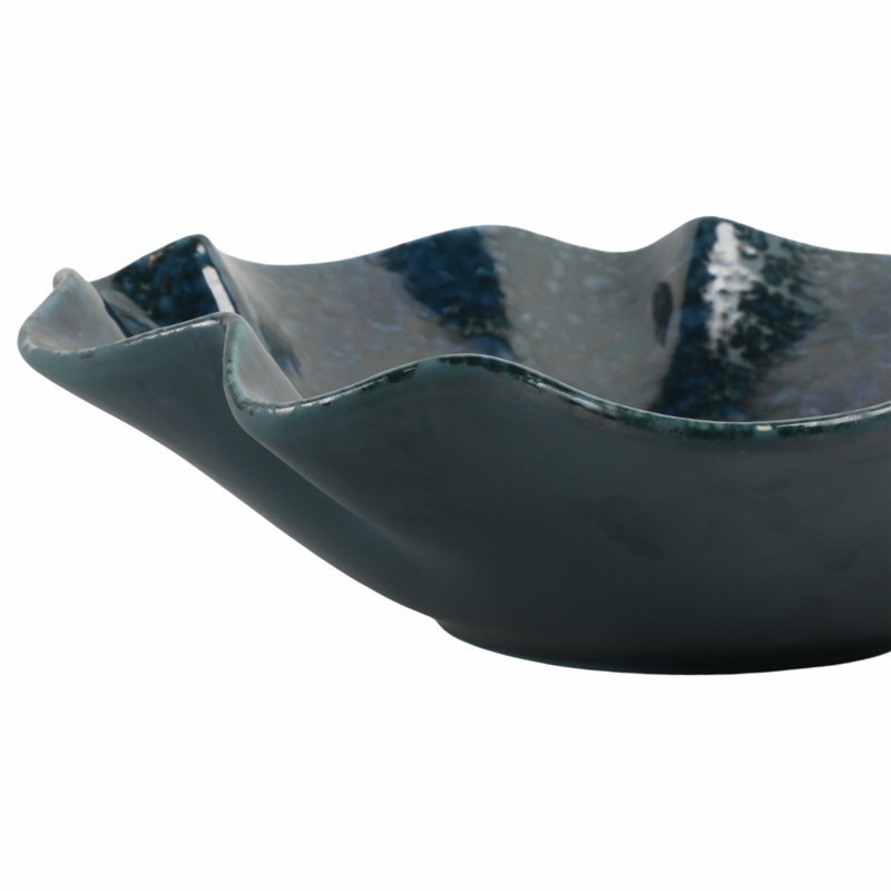 Bol décoratif décoratif rond en poterie émaillée pour la maison - Bol décoratif moderne à bord ondulé pour le style de table basse ou de vestibule - 16 po, bleu