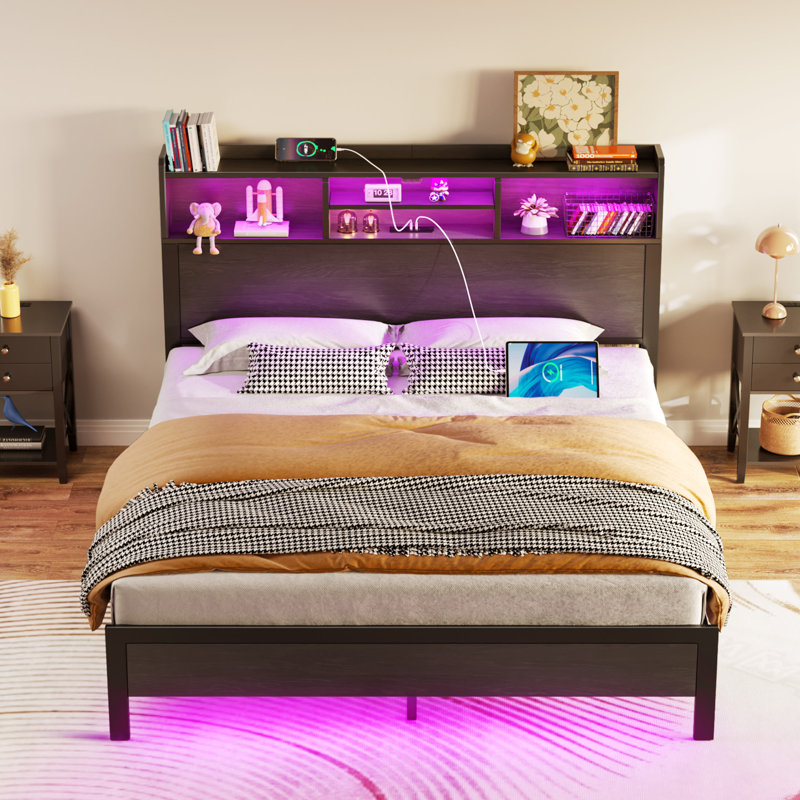 Wenda Bed Frame with Bookcase Headboard and 4 Storage Drawers, Metal Platform Bed with RGB LED Lights, Full, No Drawers