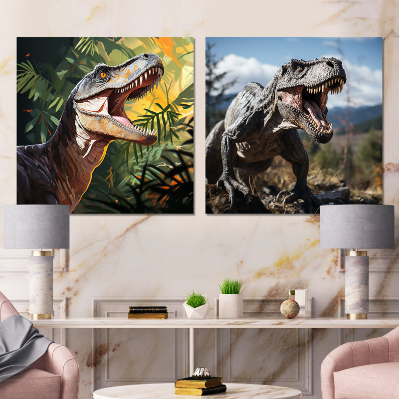«Dinosaur» gris et vert «Call I» - ensemble de 2 carrés de dinosaures, H 23 po x l 46 po