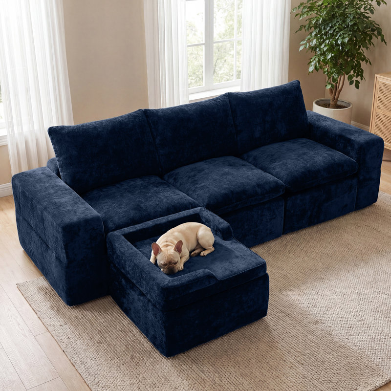 Canapé modulaire en chenille écrasé bleu marine avec repose-pieds détachable pour lit pour animal de compagnie, siège nu sans siège
