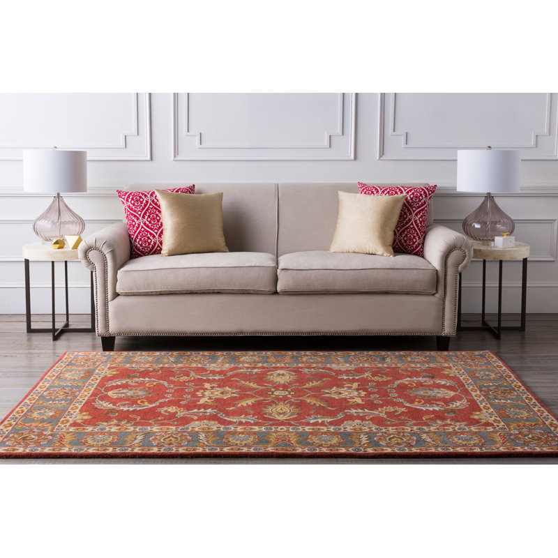 Buckhill Oriental Hand-Tufted Wool Area Rug in Brick Red/Navy/Mustard, Rectangle 5' x 8'