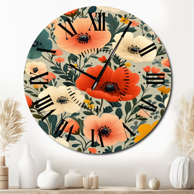 Folk Garden in Gouache - Botanical Metal Wall Clock