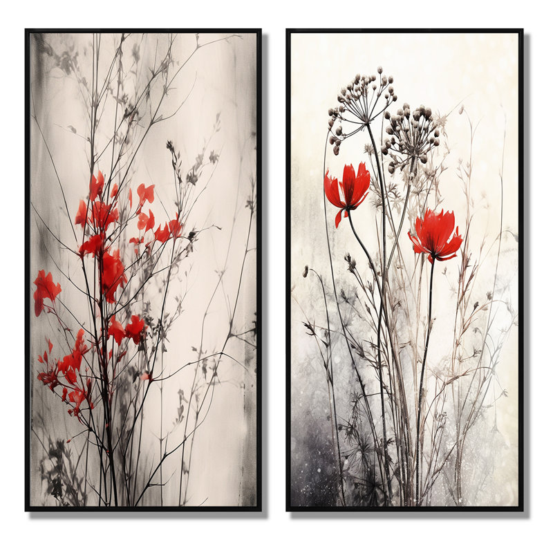 2 pièces sur toile - Red Gray Herb Garden, H 40 po x l 40 po, Cadre noir