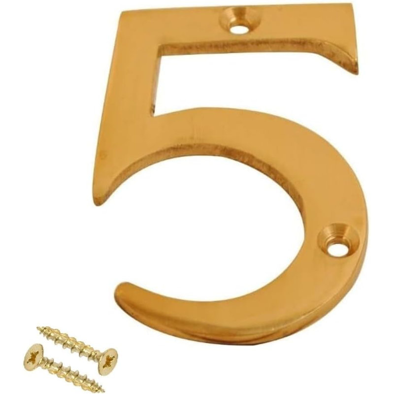 3 inch Brass Door Polished Screw On Front Door Numeral with Fixing Screws for uPVC, Wooden & Composite Exterior Doors, 5