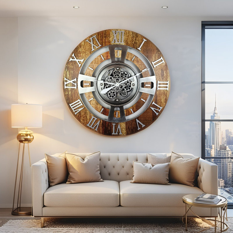 Solid Wood Wall Clock, Oversize 91.4cm, Vintage Brown