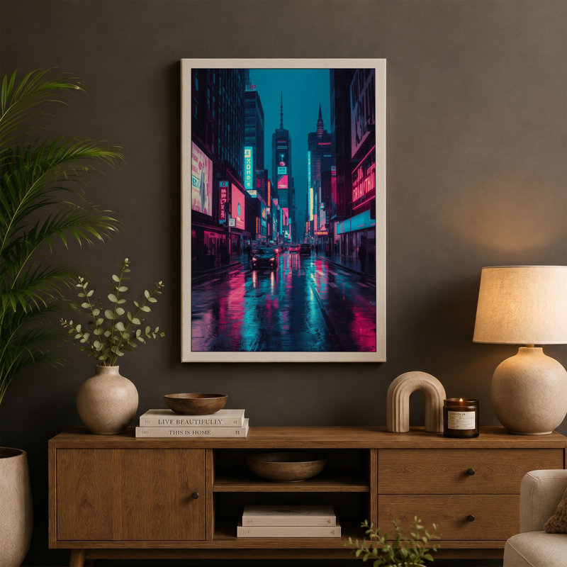 Neon Street Reflections Modern - Wrapped Canvas, 18x12 - 45.7 x 30.5 cm, Taupe Border