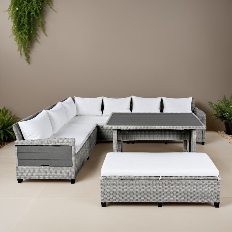Ensemble de canapé modulaire en rotin pour l'extérieur 5 pièces pour jardin, cour et balcon, Gris, Blanc