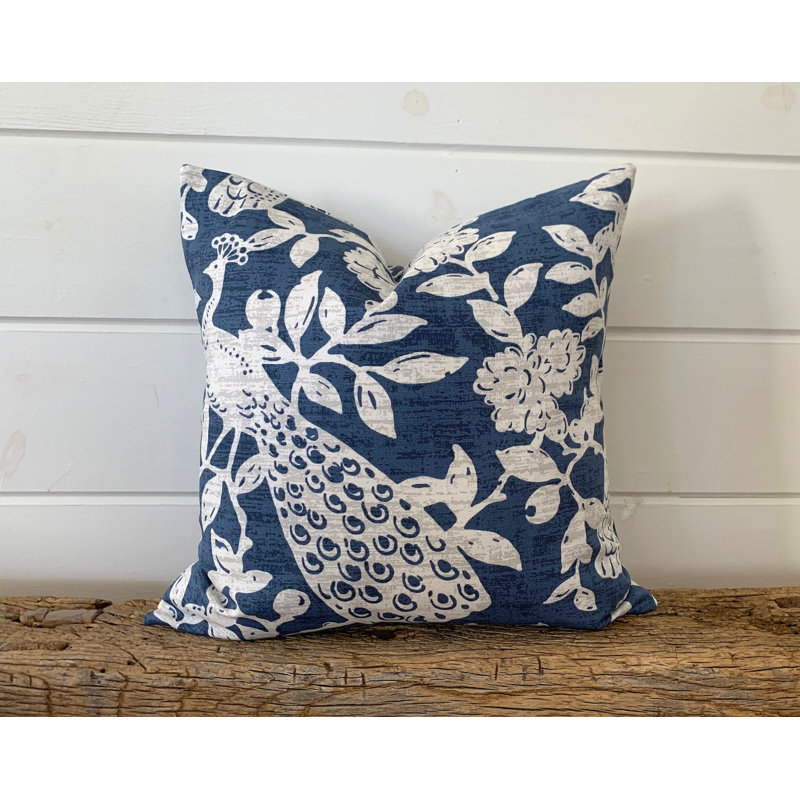 Housse de coussin bleu marine à imprimé paon, H 19 po x l 19 po, Carré