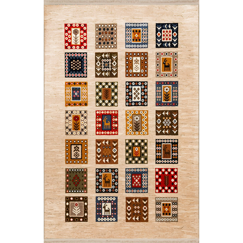 Beige Themed Square Section Motif Patterned Creative Decorative Rug, Rectangle 3'9.81" x 6'6.74"