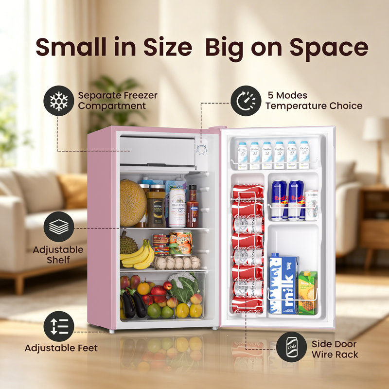 BANGSON 3.2 Cu.Ft Mini Fridge with Freezer, Low Noise Energy Efficient Compact Refrigerator for Dorm Room, Apartment, Office，Pink