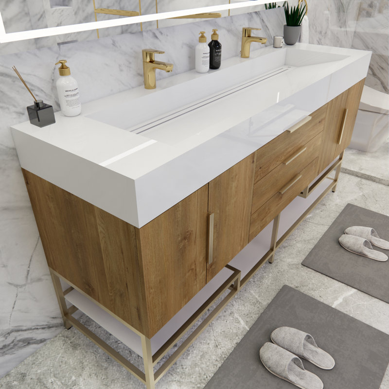 Glasgow 72'' Double Bathroom Vanity with Acrylic Top, Glossy White, Oak
