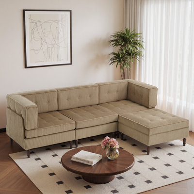 4 - Piece Upholstered Camel Tufted Corduroy Modular Sectional with Pillow Back and Removable Flip-Tray Top Storage Ottoman