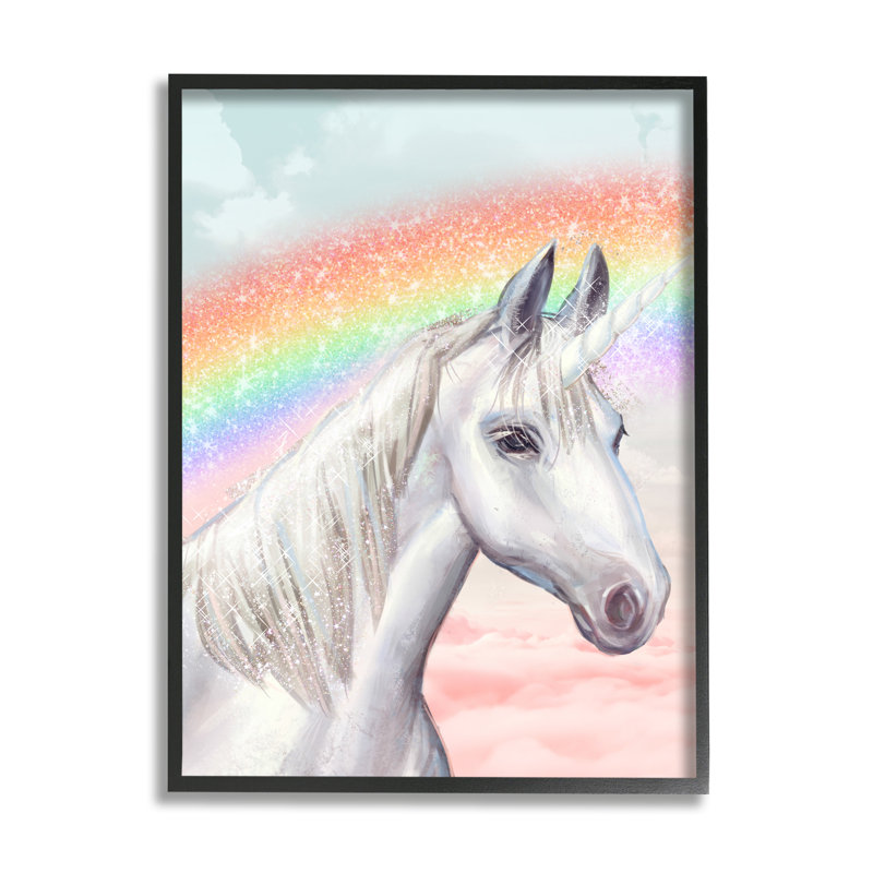 Licorne blanche sous un ciel nuageux arc-en-ciel scintillant par Ziwei Li - Peinture, H 20 po x l 16 po