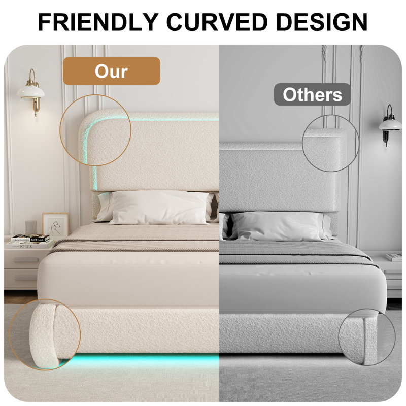 LED Teddy Fleece Platform Bed Frame with Round Corner Upholstered Headboard, Full, Cream